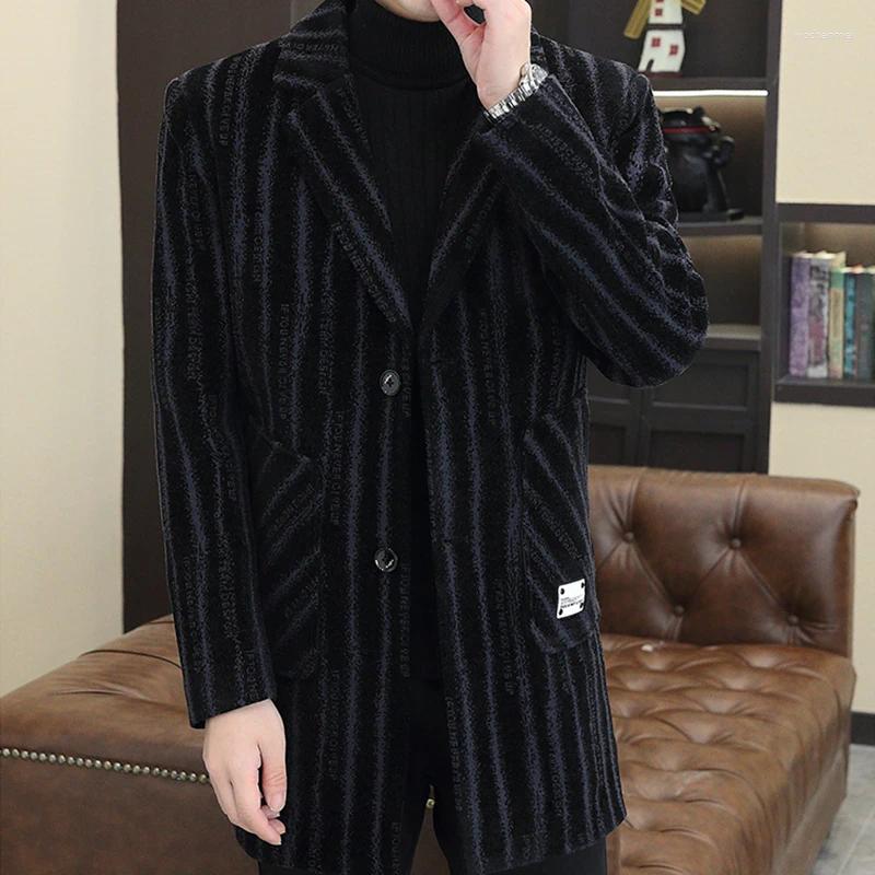 Men's Wool Casual Thicken Mid-Length Striped Plush Woolen Coats 2025 Winter Streetwear Tops Fleece Overcoat Warm Windbreaker Jackets