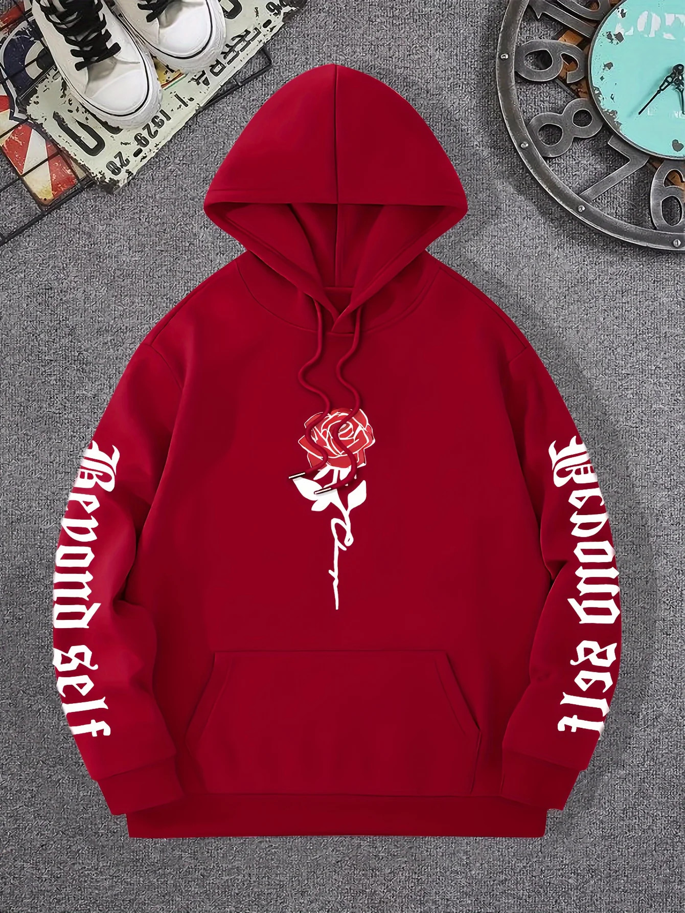 Rose Artistic Letter Printed Hoodies Casual Street Women Sweatshirts Comfortable Fleece Pullover Crewneck Loose Female Clothes 250805