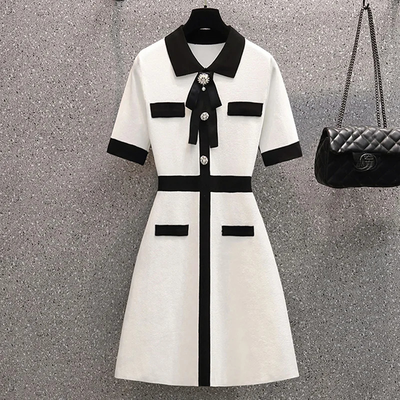 Knitting Women Beading dress Summer Short sleeve Polo Collar dress bow black mini female Sweater dresses vestido robe 250801