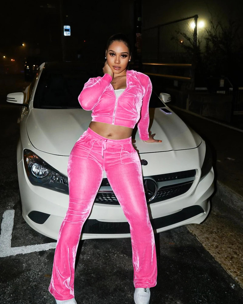Women Autumn Two Piece Outfits 2 Piece Velvet Tracksuit Velour Sweatsuits Zip Up Hooded Jacket Fitted Flared Pants Jogger Sets 250801