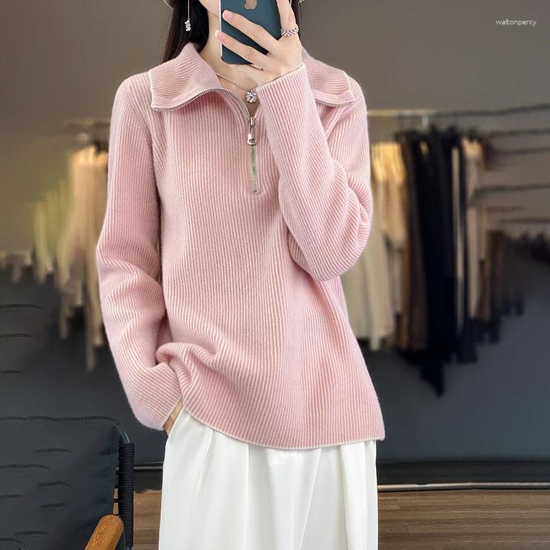 Women's Sweaters CAIXINGLE Zipper Lapel Sweater Pure Wool Autumn Winter Warm Pullover Comfortable Loose Knitted Top Clothing