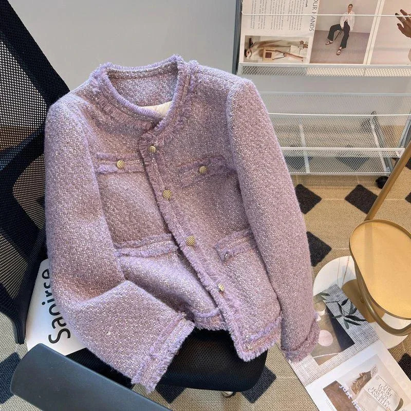 Purple Tweed Jacket Women Vintage O-Neck Metal Single Breasted Cropped Coat Autumn Winter Korean Style Elegant Jackets for Women 250801