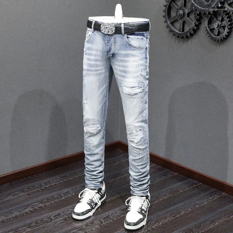 Men's Jeans Fashionable And High-quality Denim Washed With Nostalgia Elastic Slim Fit Perforated Patch Hip-hop Brand Light B