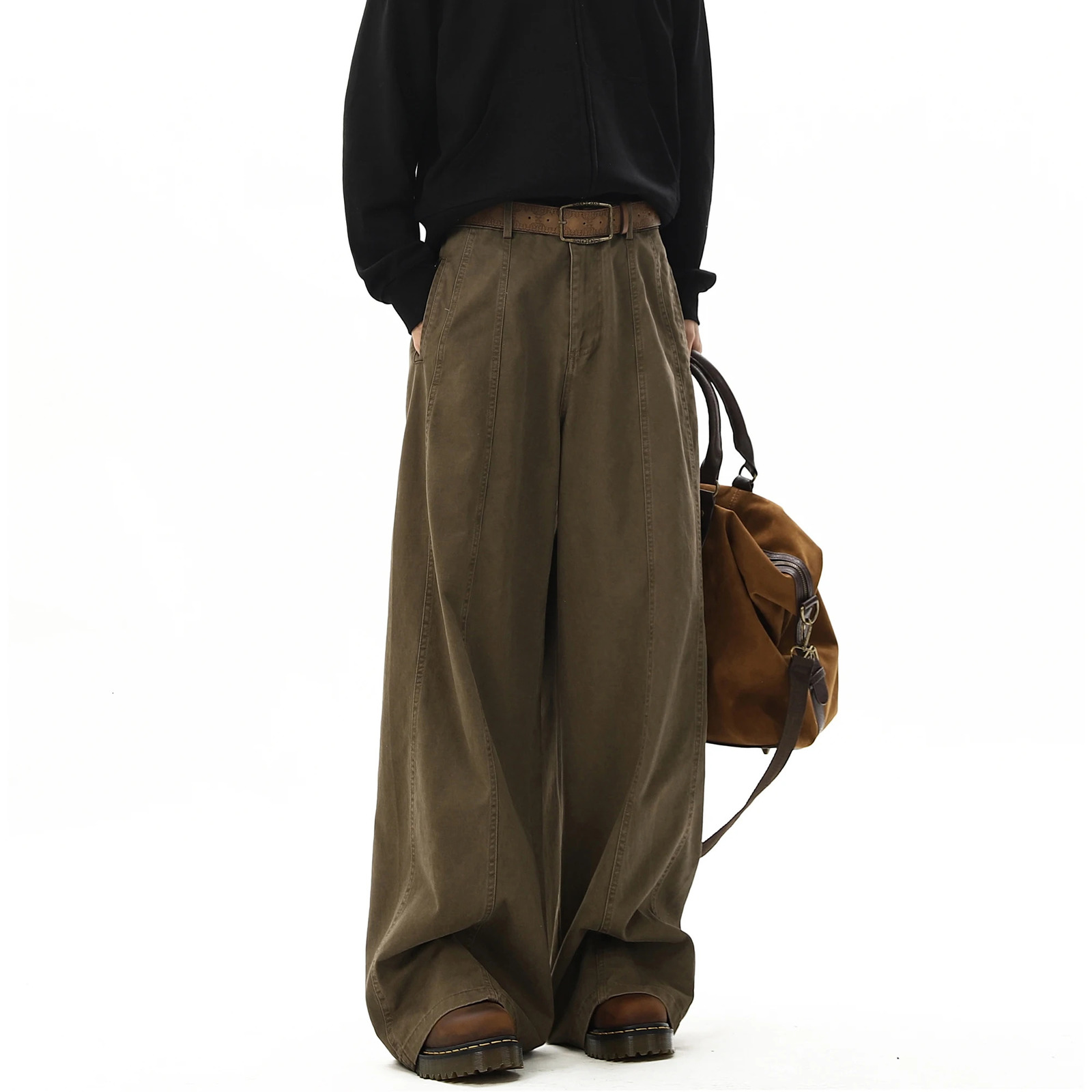 American Style Vintage Wide Leg Cargo Pants Mens Baggy Fashion High Street Overalls Coffee Streetwear Male Mopping Trousers250804