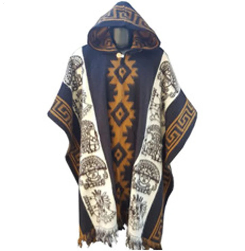 Autumn Winter Men Cape Adult Outdoor Shawl Knitted Vintage Ethnic Pattern Printed Poncho Windbreaker Ladies Hooded Cloak Jackets 250801