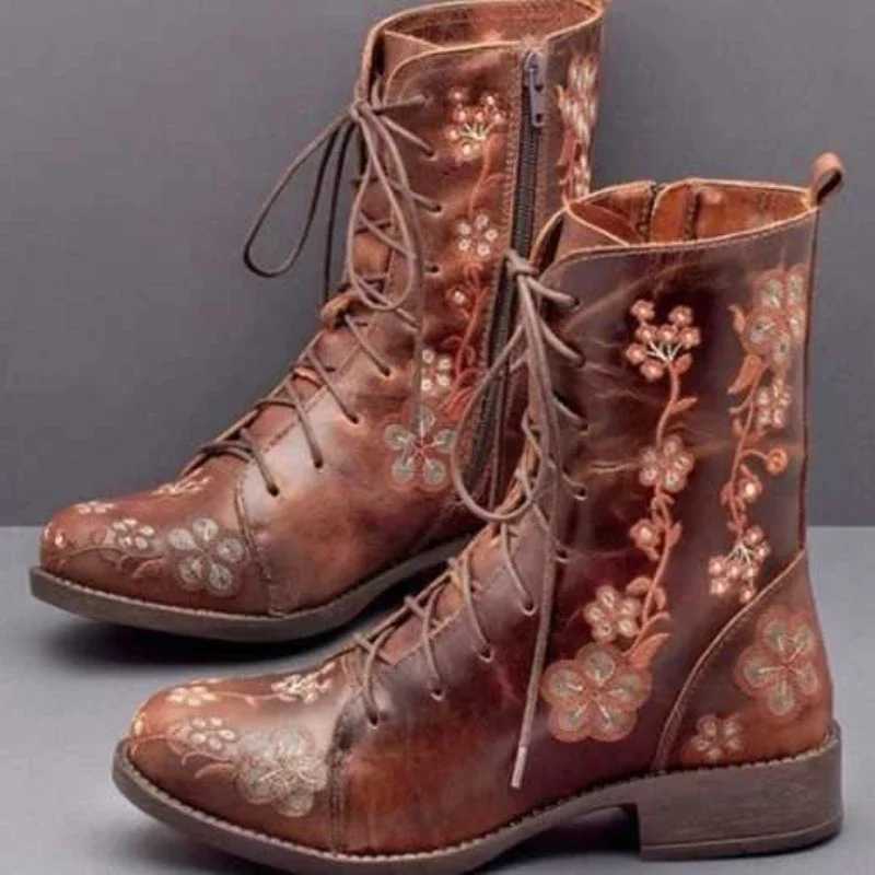 Woman Ankle Boots Embroidery Big Size 43 Flower Boots 2020 Women Autumn Winter Lace Up PU Leather Female Footwear Ladies Shoes T250807