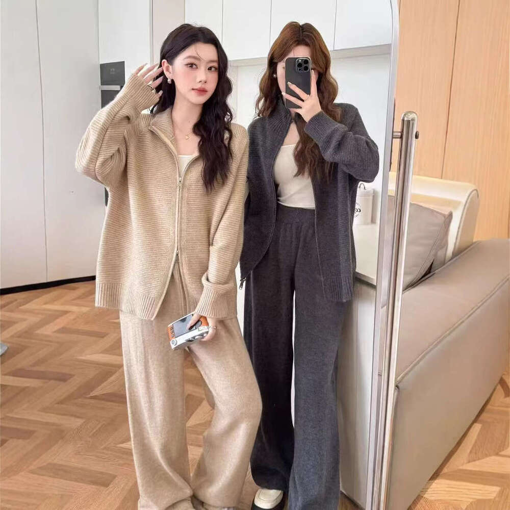 Bestseller New Fashion Zipper Loose Knitted Wide-Leg Pants Two-Piece For Women Korean Lazy Style Turn-Down Collar Sweater Set Autumn Winter Ddmylion