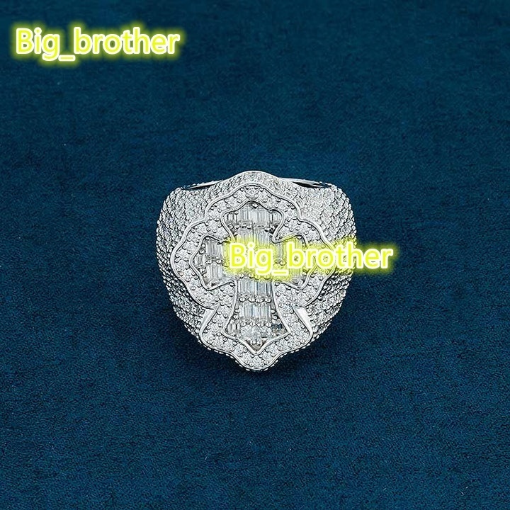 Custom Iced Out VVS Moissanite Baguette Diamond Hip Hop Cross Ring 925 Silver 10k 14k Real Gold Hiphop Men Jewelry