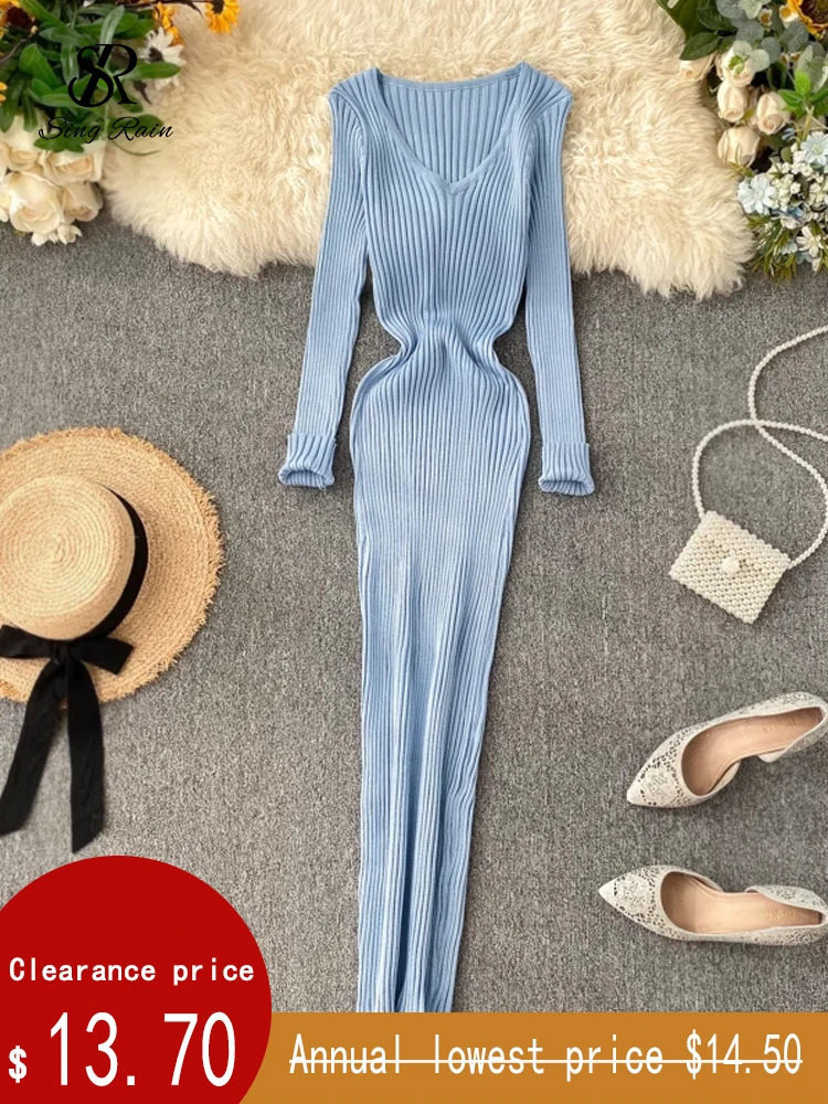 SINGRAIN Women Autumn Knitted Dress V Neck Sexy Slim Elastic Oversized Basic Bodycon Long Dress Winter knit Warm Sweater Dresses 250801