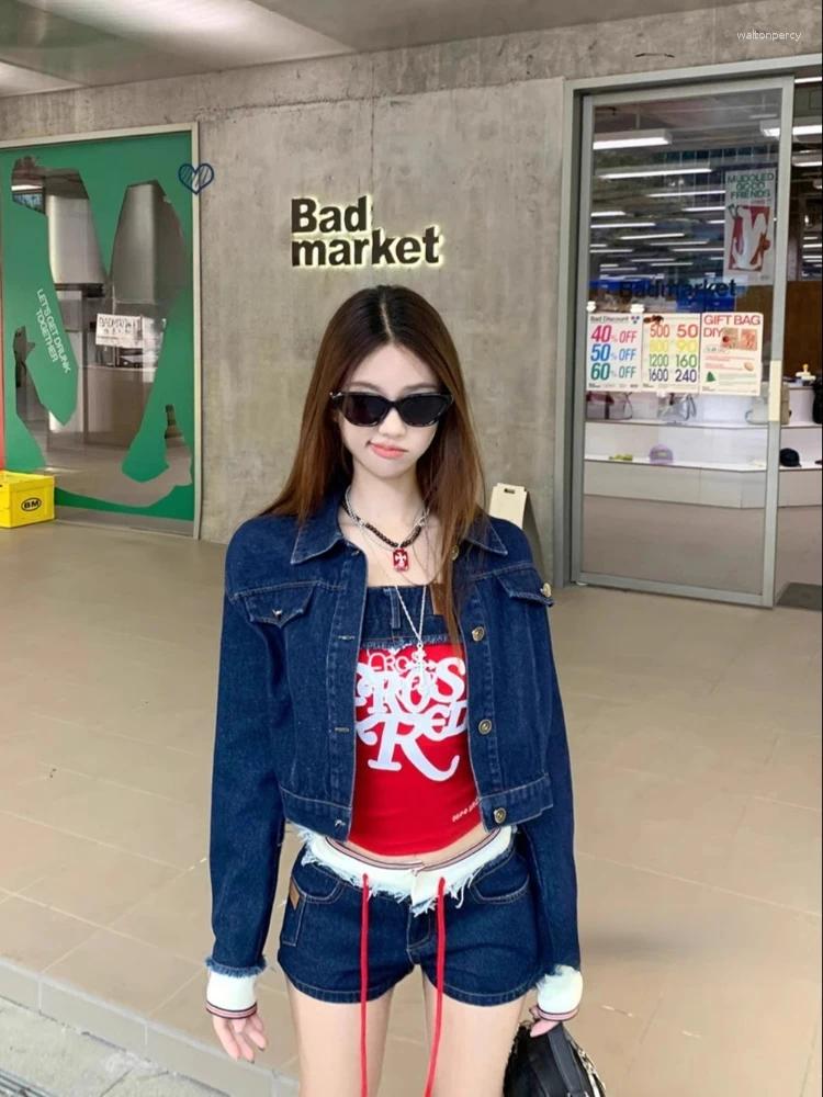 Women's Tracksuits Sweet And Cool Spicy Girl Set Polo Collar Cowboy Coat Strap Tank Top Summer High Waist Contrast Shorts 3-Piece