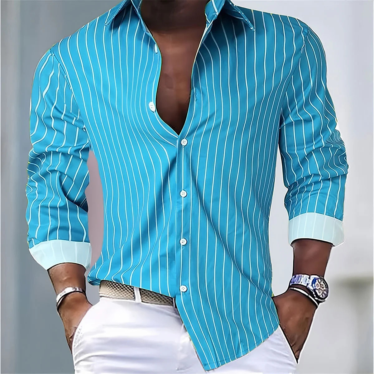 Mens Fashion Loose Striped Shirt 16 Colors Shirt Casual Breathable Lapel Button Long Sleeve Shirt Top Comfortable Soft Fabric 250804
