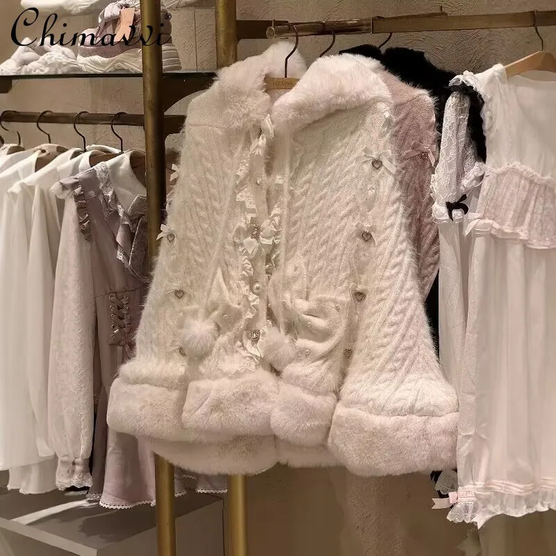 Liz Japanese Sweet Princess Faux Rabbit Fur Cape Coat Autumn Winter Girl Women Fur Jacket Clock Rhinestone Bow Hooded Coat 250801