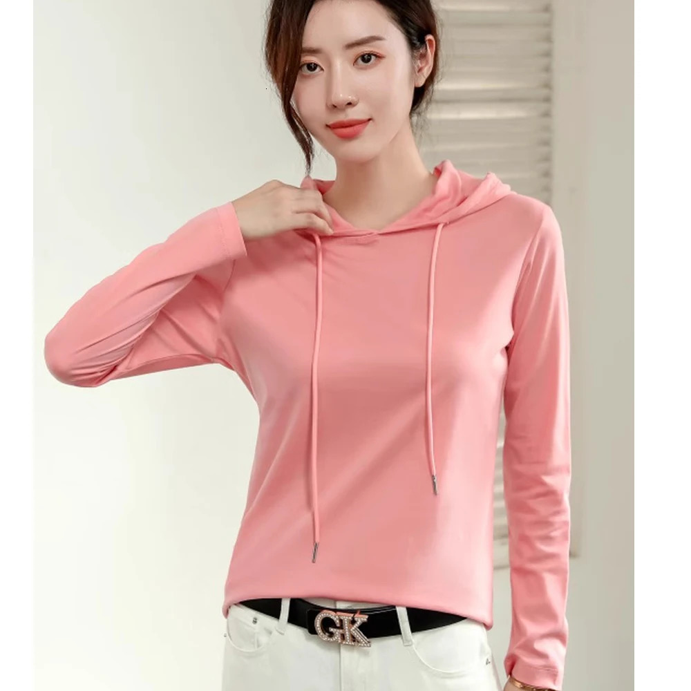 Silky cotton hooded sweatshirt Tshirt for women in spring 2025 pure versatile light thin fashion base shirt 250805