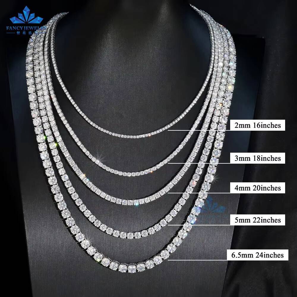 Ready to Ship 2mm to 6.5mm S925 Sterling Silver Women Men HipHop Diamond Necklace GRA Moissanite Tennis Chain