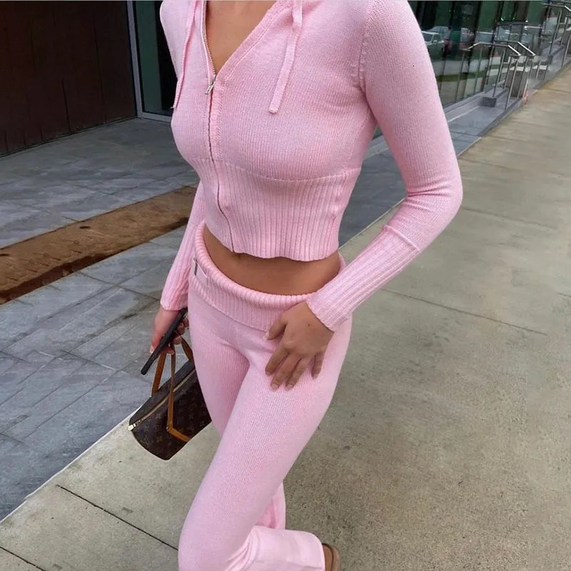 Slim Knitted Two Piece Sets Y2k Women Fall Winter Tracksuit Long Sleeve Zipper Hooded Sweater Crop Top Flare Pants Outfit Lady 250801