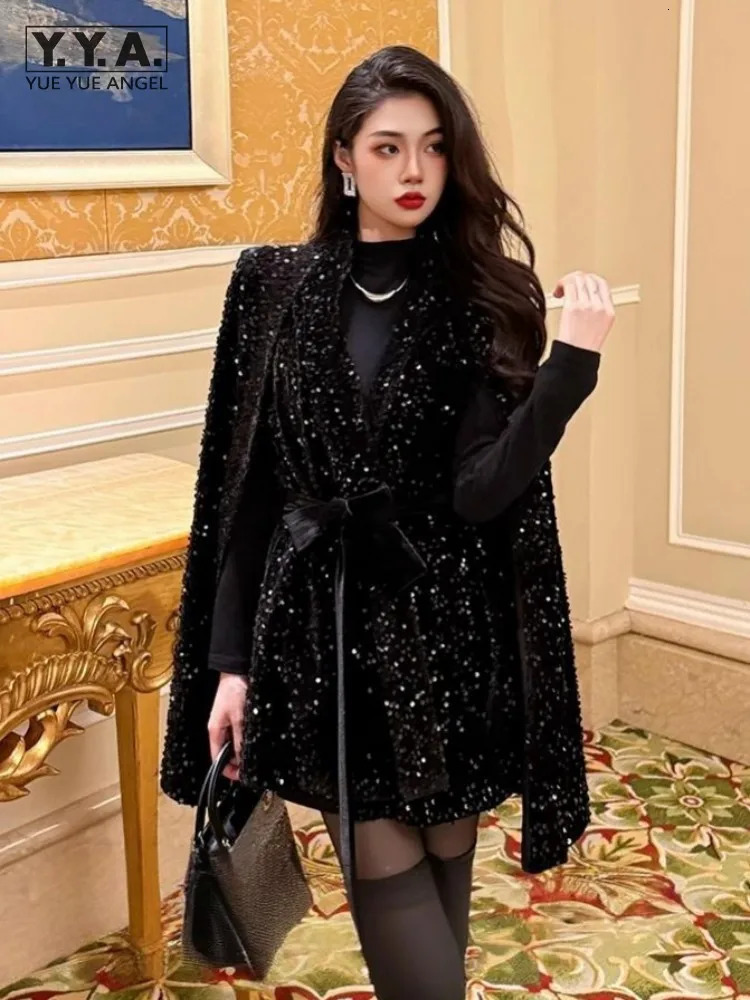 Fashion Party Women Sequined Jacket Autumn Winter Padded Liner Cloak Coat V-Neck Sashes Medium Long Elegant Shiny Black Jackets 250801