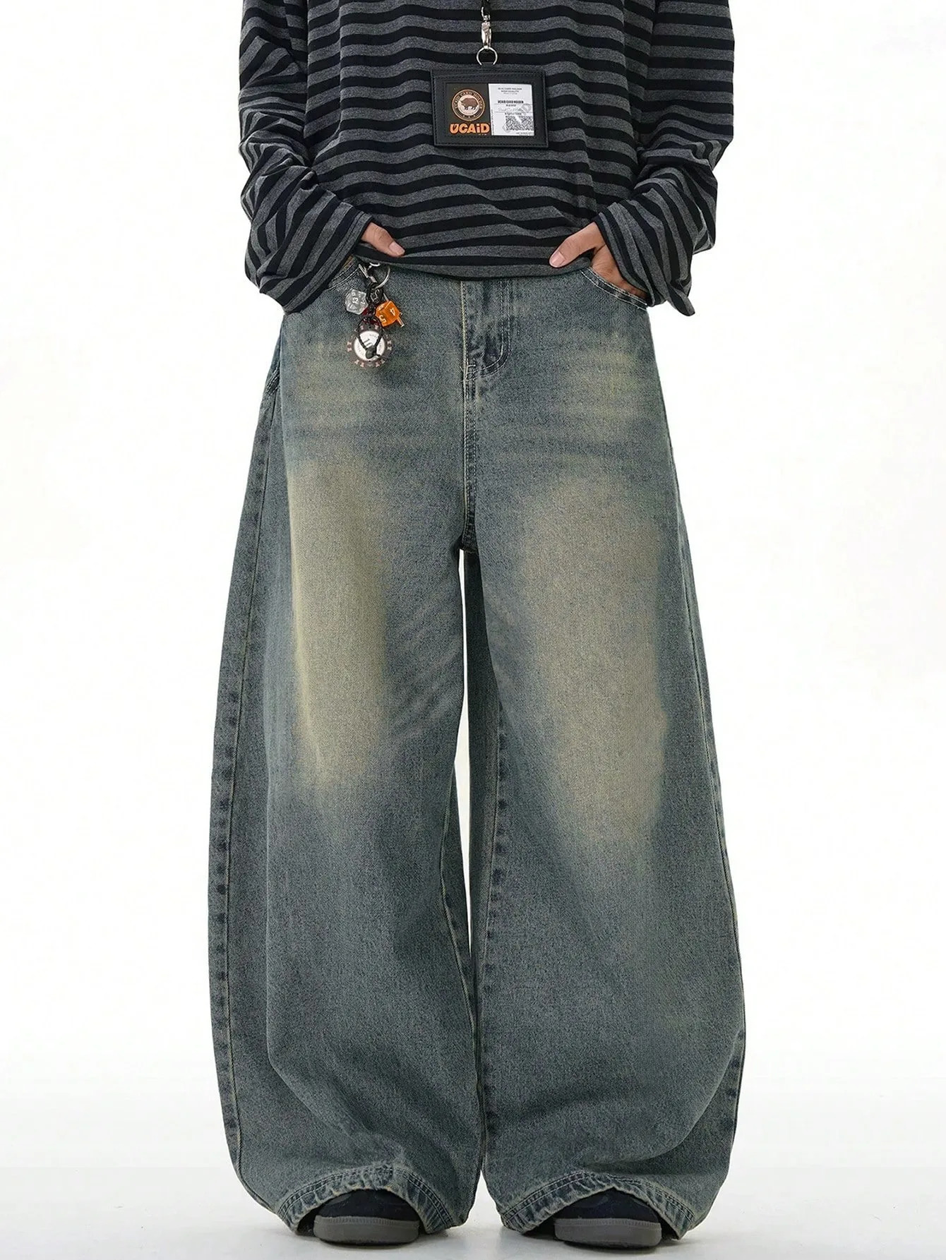 Mens loose straight-leg wide-leg jeans sea blue casual American street style pants comfortable cut suitable for daily wear i 250804