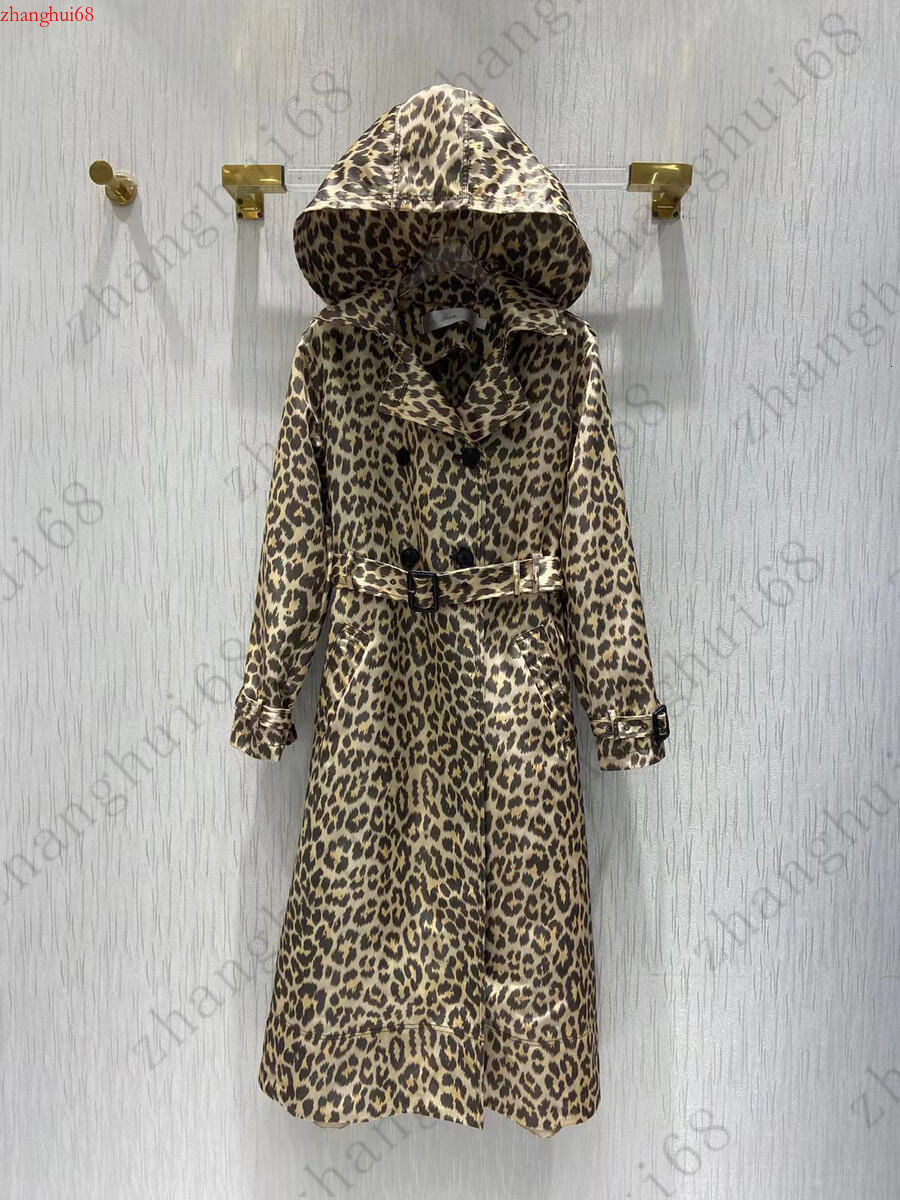 Autumn Women's Long Trench Coat Designer Leopard Print Long Coat with Large Hat Warm Belted High-Quality Fashion Women's Long Trench Coat