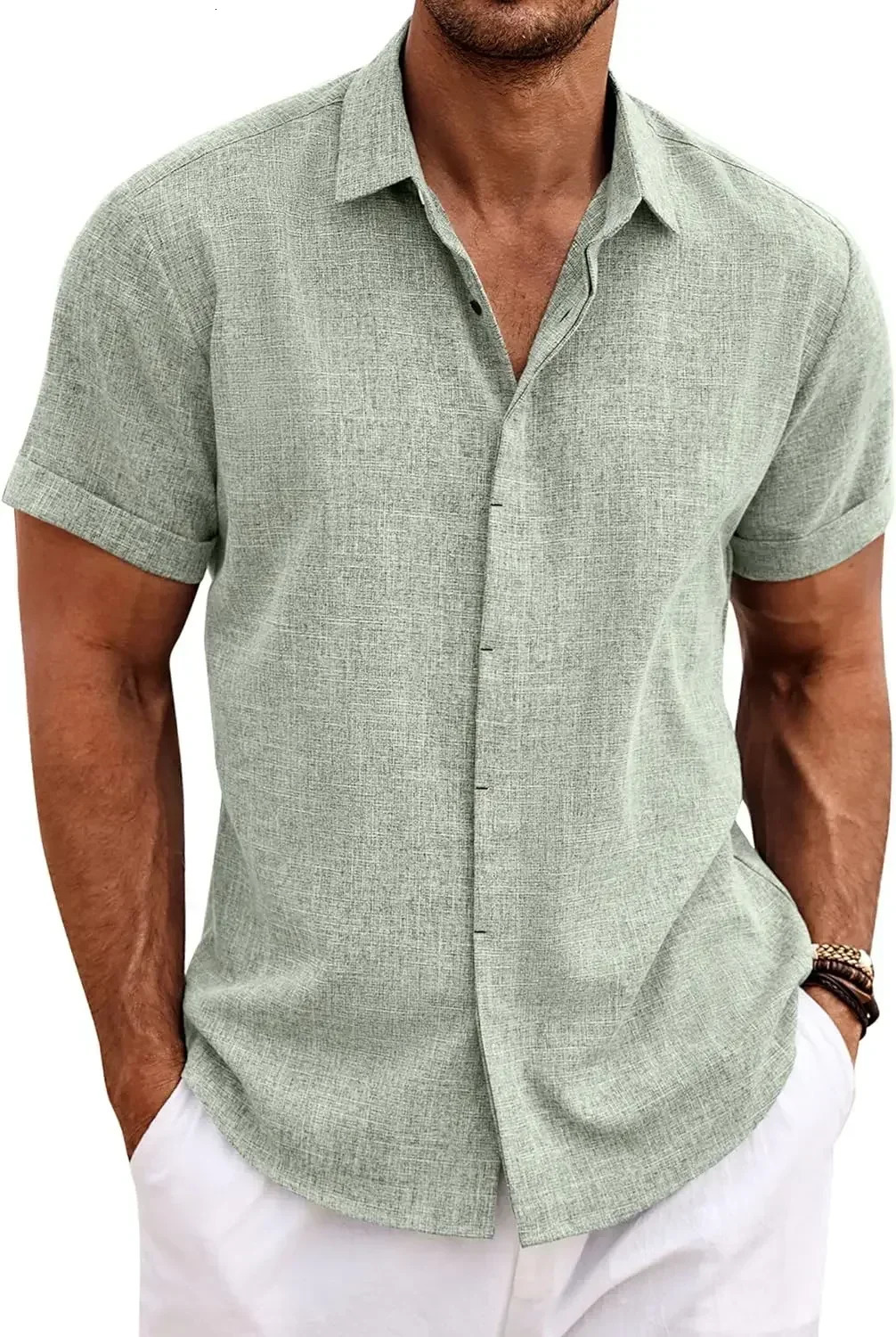 Mens Fashion Casual Solid Color Shirt Pullover Button Linen Cotton Comfortable Daily Top Short Sleeve Beach Summer 250731