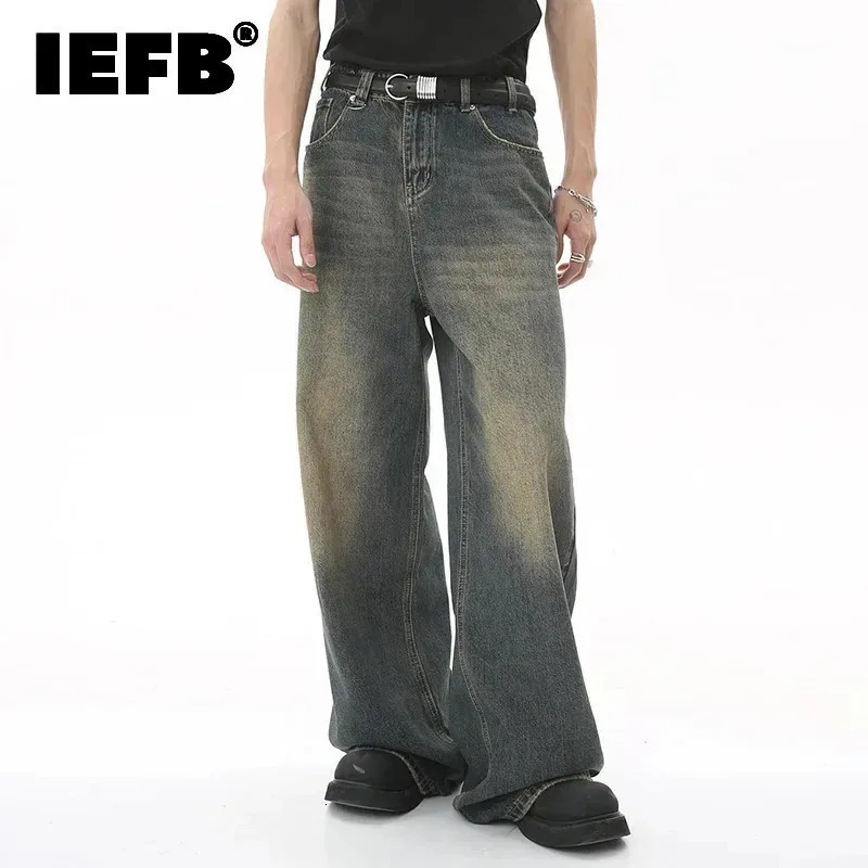 IEFB Mens Vintage Jeans Fashion Washed Street Casual Wide Leg Denim Pants Summer Distressed Loose Male Versatile Trousers 9C354 250804