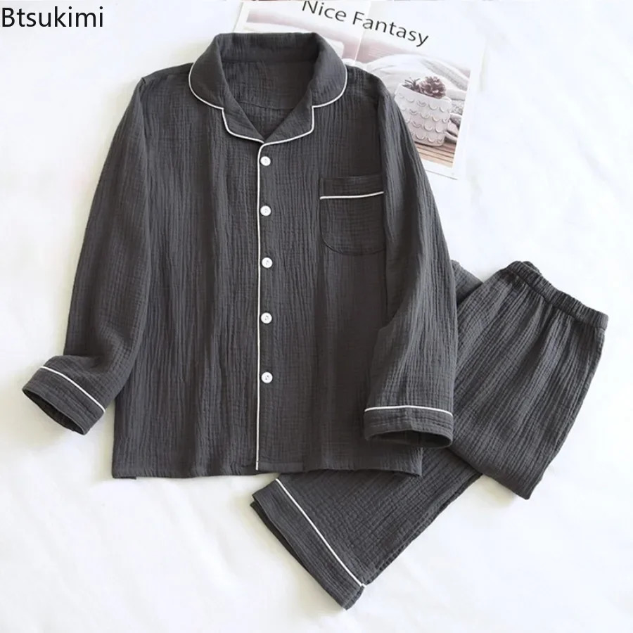 Mens Comfy Cotton Crepe Cloth Pajamas Sets Long Sleeve Cardigan Tops and Trousers Home Suit Men Two-layer Gauze Sleepwear 250804