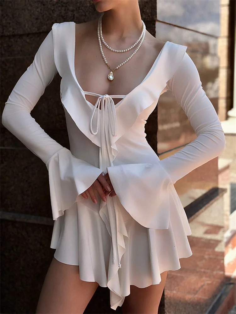 Ruffled Lace-Up White Mini Dress Womens V-Neck Patchwork Long Sleeve Sexy Slim Dress Bandage Elegant Female Summer Dress 250801