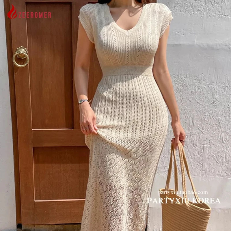 Summer High Quality Korean Simple Hollow Out Vest Knit Sweater Dress Women Japanese Gentle V-Neck Slim Elastic Knit Long Dress 250801