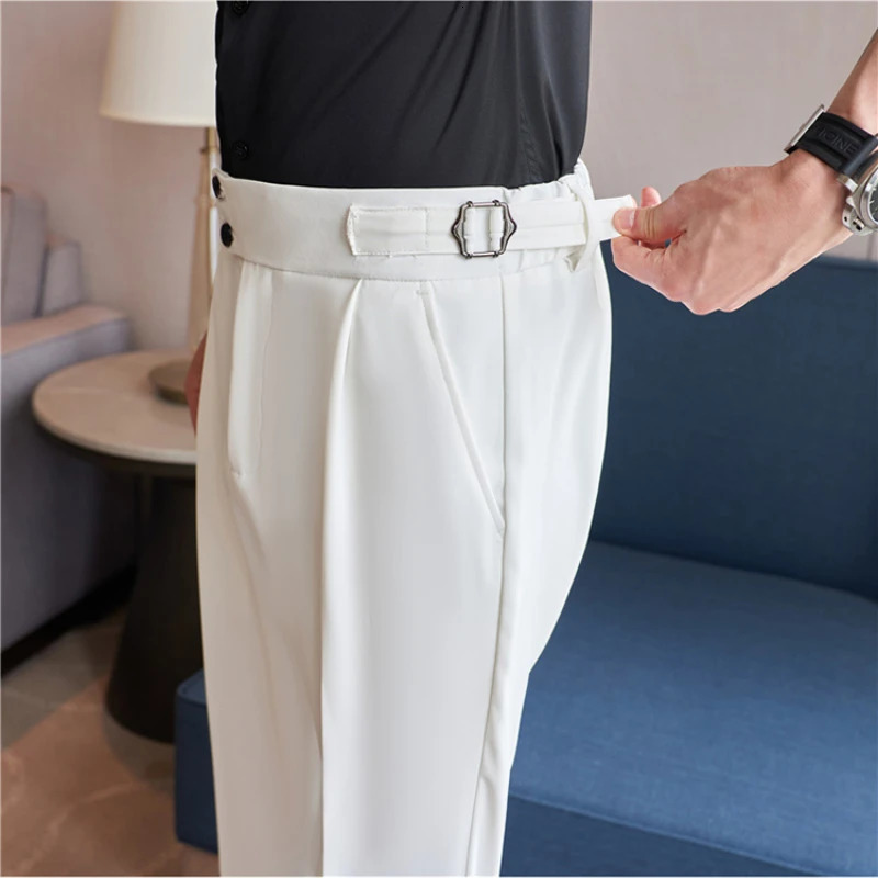 Summer Ice Silk Thin Casual Pants Men Solid Color High Waist Elastic Business Suit Pants Office Social Trousers men clothing 250804