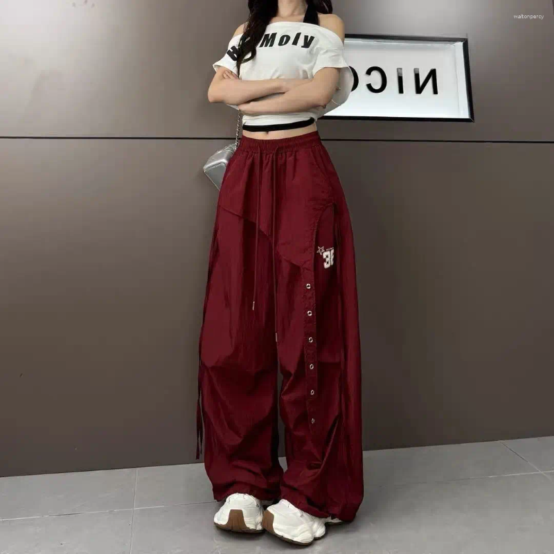 Women's Pants Drawstring Patchwork Hip-hop Casual Spring Girl Bottoms Wide Leg Sweatpants Female Street Loose Thin Trousers