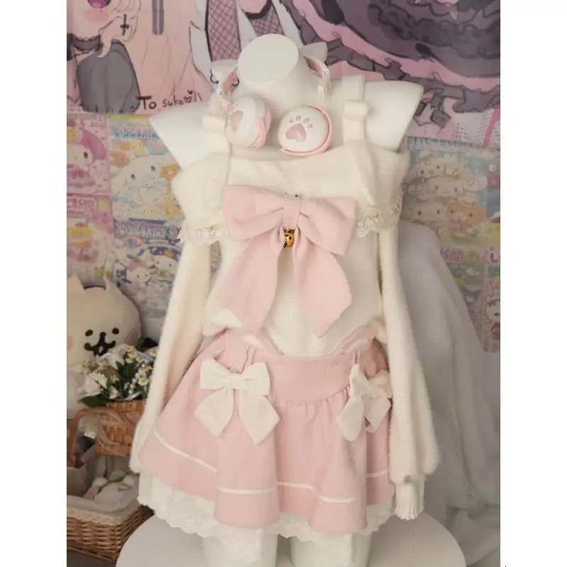 Kawaii Lolita Style Women 2 Piece Set Japanese Sweet Off Shoulder Knitted Sweater Cute Bow Mini Cake Skirt Female Fashion Outfit 250801