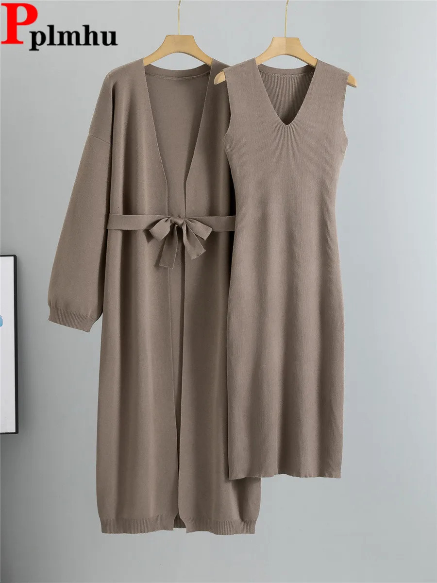 Elegant Knitted 2 Piece Sets Women Solid Knitwears Sweater Cardigan Coats Tops Conjuntos Casual Slim Sleeveless Dress Outfit 250801