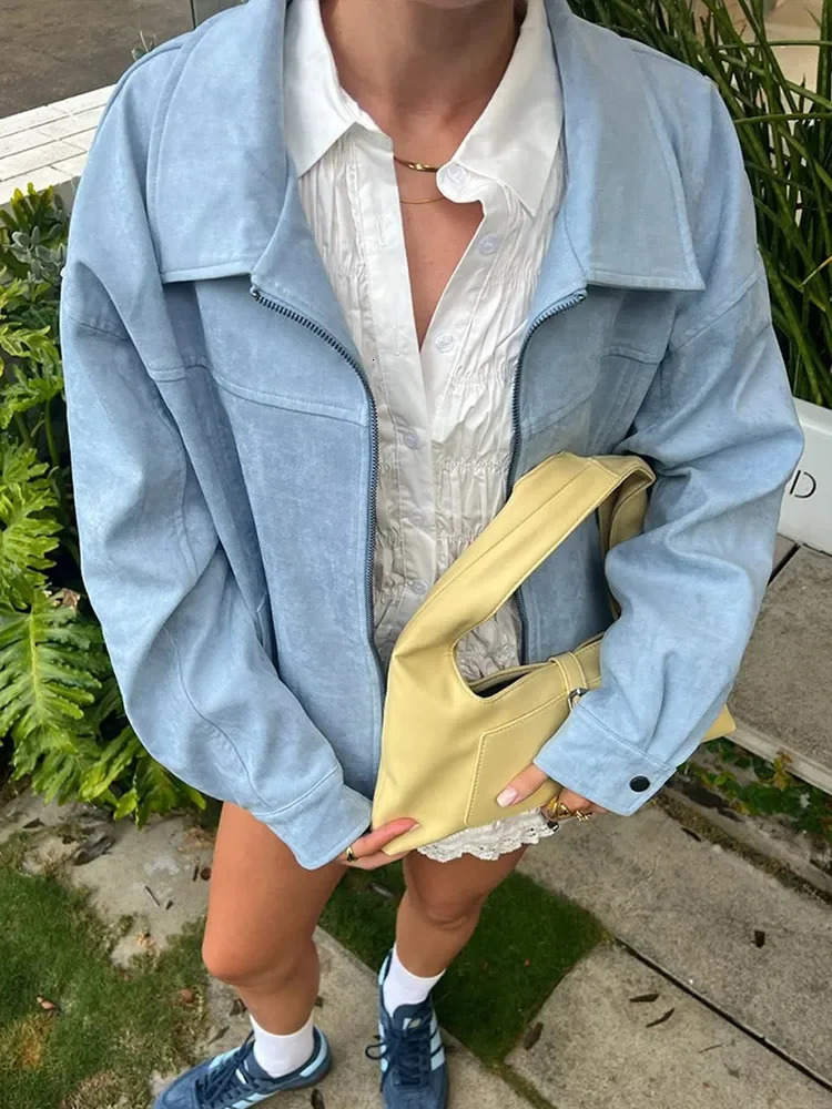 Blue Suede Jacket Womens Biker Style Zipper Lapel Long Sleeve Pleated Leather Coat Loose Fit Autumn Casual Streetwear Outerwear 250805