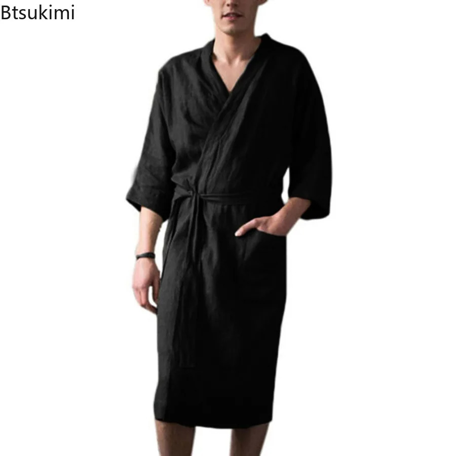 Spring Autumn Mens Nightgown Cotton and Linen Robes Kimono Medium and Long Nightgown Homewear Bath Steamed Clothes Male 250801