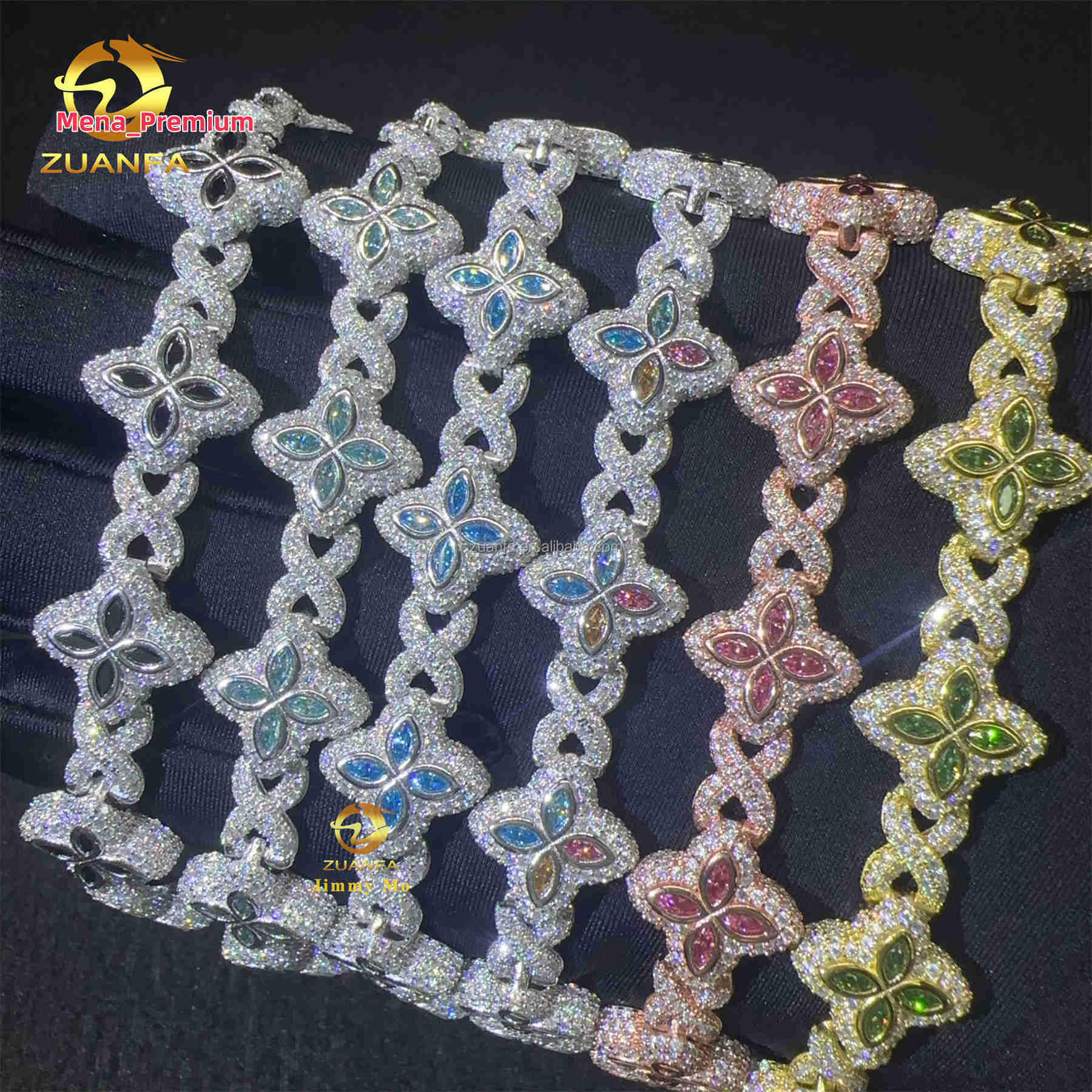 Bulk Stock New Design 13mm Marquise Flower Design Hip Hop Jewelry Iced Out Moissanite Diamond Infinity Cuban Link Bracelet Men