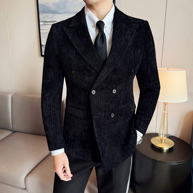 England Style Autumn Winter Men Corduroy Blazer Jackets Double-Breasted High Quality Slim Fit Casual Blazer Jacket Man Black 250801