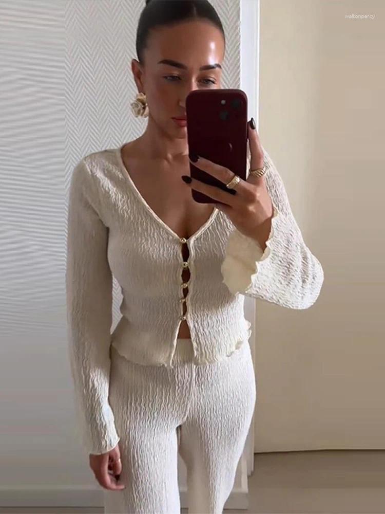 Women's Two Piece Pants Texture V-Neck Metal Buckle Top Straight Solid Color Long Sleeved Set Casual Minimalist Women Pleated Street Suits