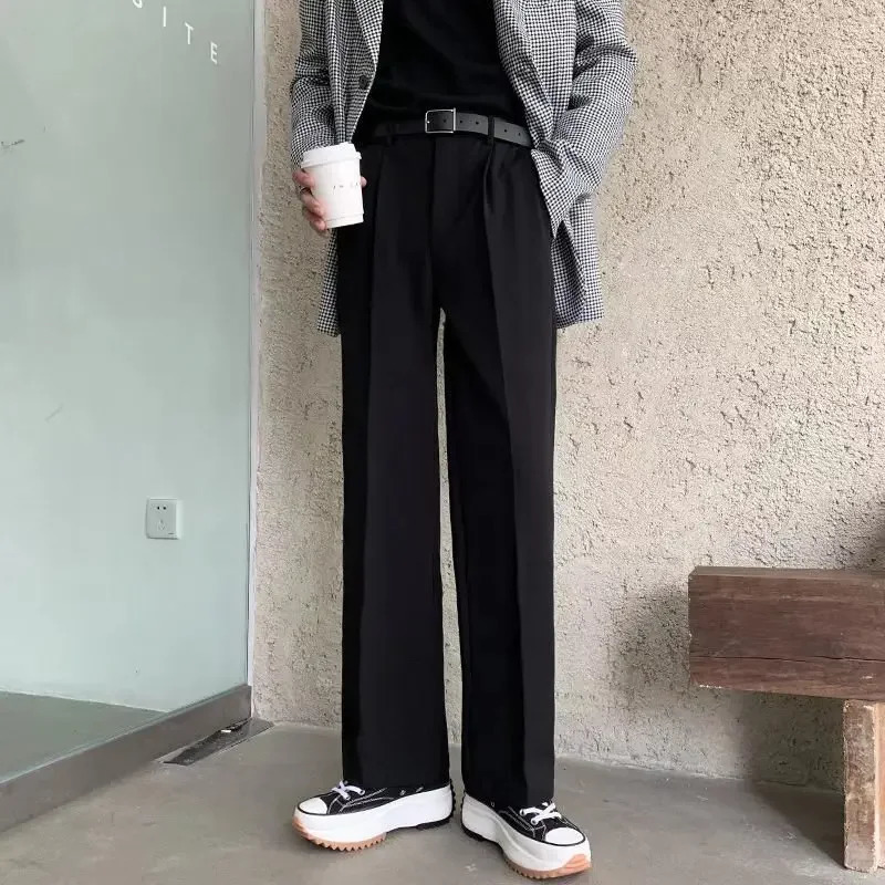 Black Loose-fit Straight-leg Suit Pants Mens Casual Bell Bottoms Japanese Style Spring Autumn Fashion 250801