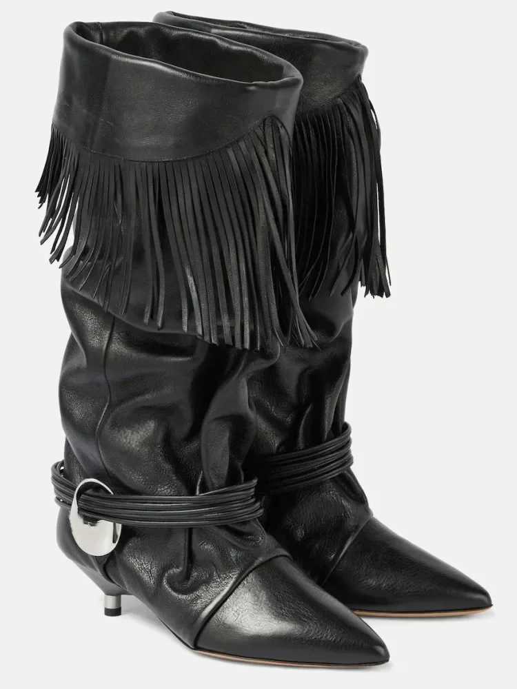 Womens Autumn and Winter New 5cm Slim Heel Fringed Calf Boots with Pointed Pleats Womens Knight Boots Mid Leg Boots T250807