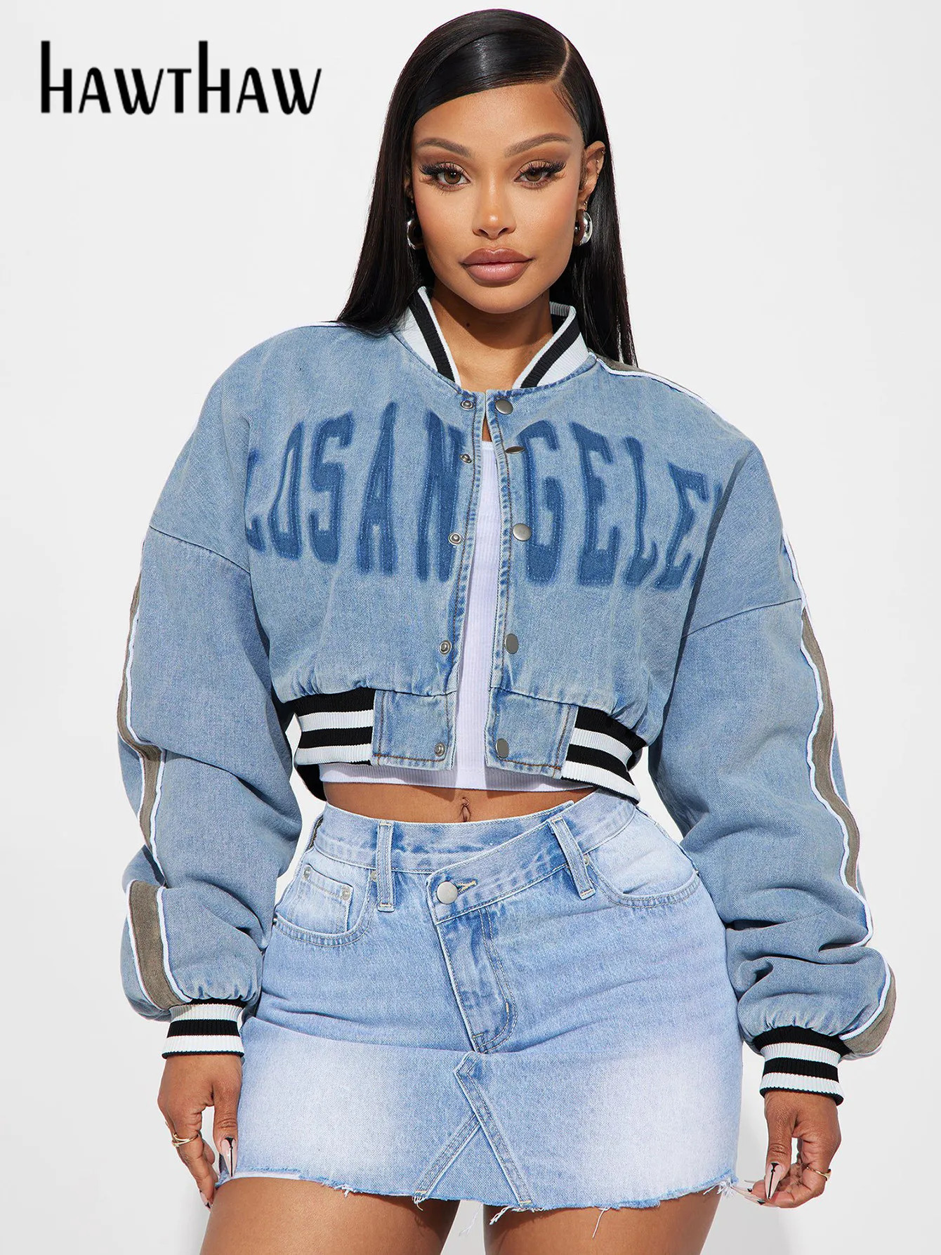 Hawthaw Women Autumn Winter Long Sleeve Streetwear Letter Print Denim Hoodie Coat Jacket Tops Wholesale Items For Business 250801