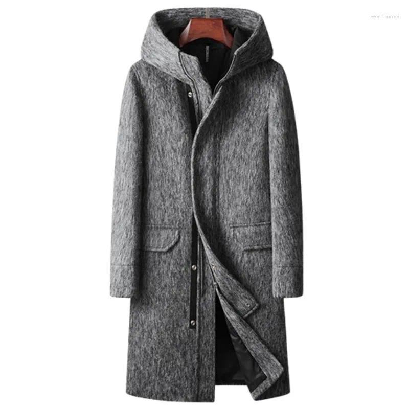 Men's Wool High Quality Woolen Coats Men Autumn Winter Long Hooded Trench Male Thick Warm Solid Business Casual Outwear Coat Man