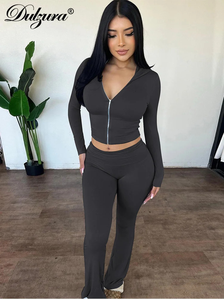 Dulzura Solid Casual Sports 2 Piece Pants Set Long Sleeves Zipper Hoodie And Flare Pants Matching Set Streetwear Autumn Winter 250801