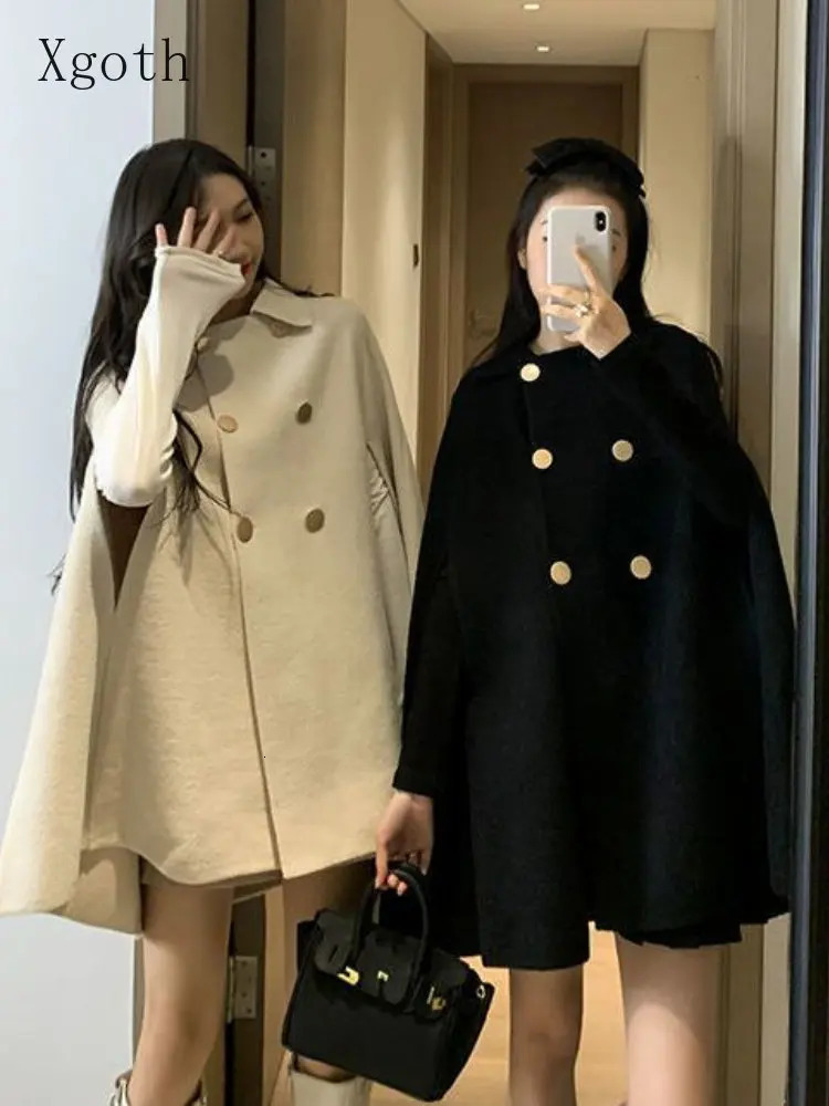 Xgoth Cloak Coat Womens Autumn Winter British Woolen Coat Womens Versatile Shawl Top Womens Korean Oversize Jacket 250801