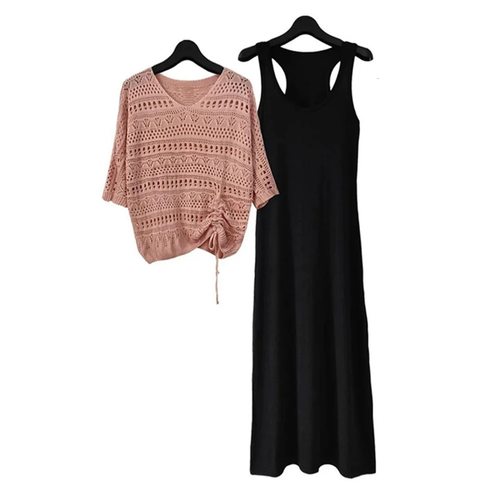Hook Flower Hollow V-Neck Knitted Short Sleeve Pullover Sweater Loose Black Modal Sleeveless Vest Dress Sets Two Piece Set 250801