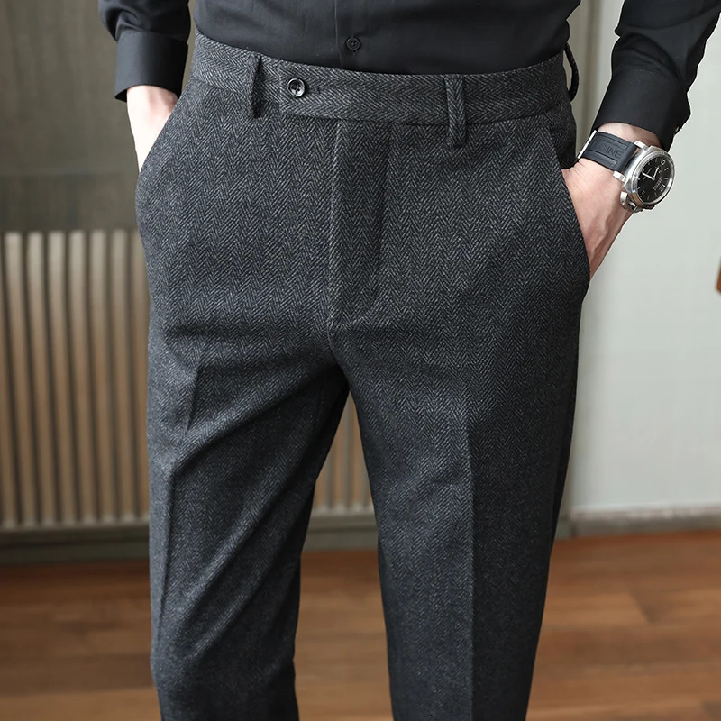 Autumn Men Gray Woolen Pants Fashion Casual Sanded Trousers Asian Size 28-36 Slim Suit Pantalon for Men 250804