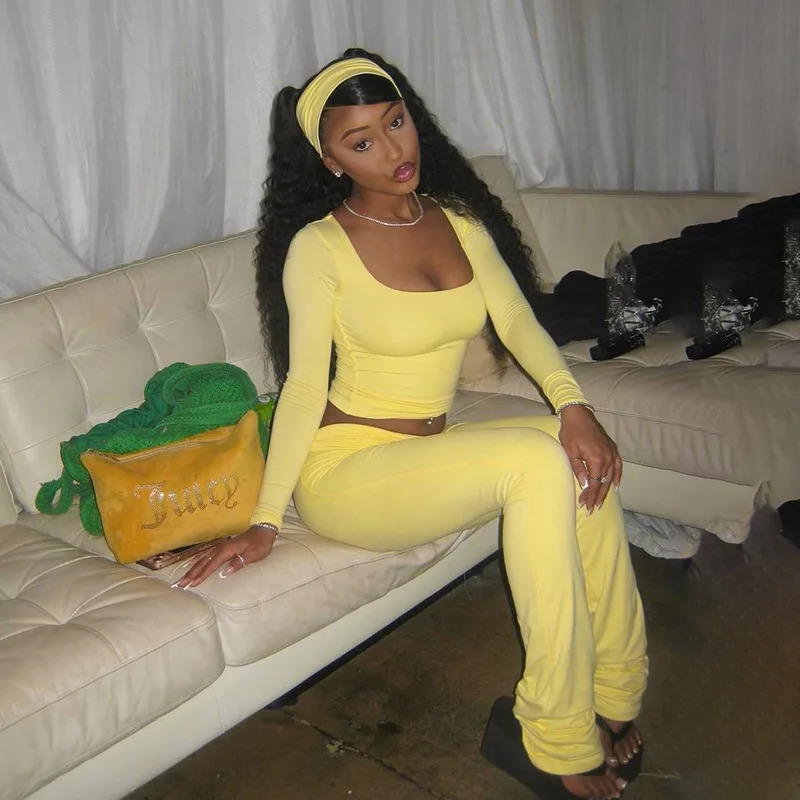 Fashion Soild Womens Set Long Sleeve Yellow U Neck Shirt and Flared Pants Elegant Tracksuits Two 2 Piece Set Outfits 250801