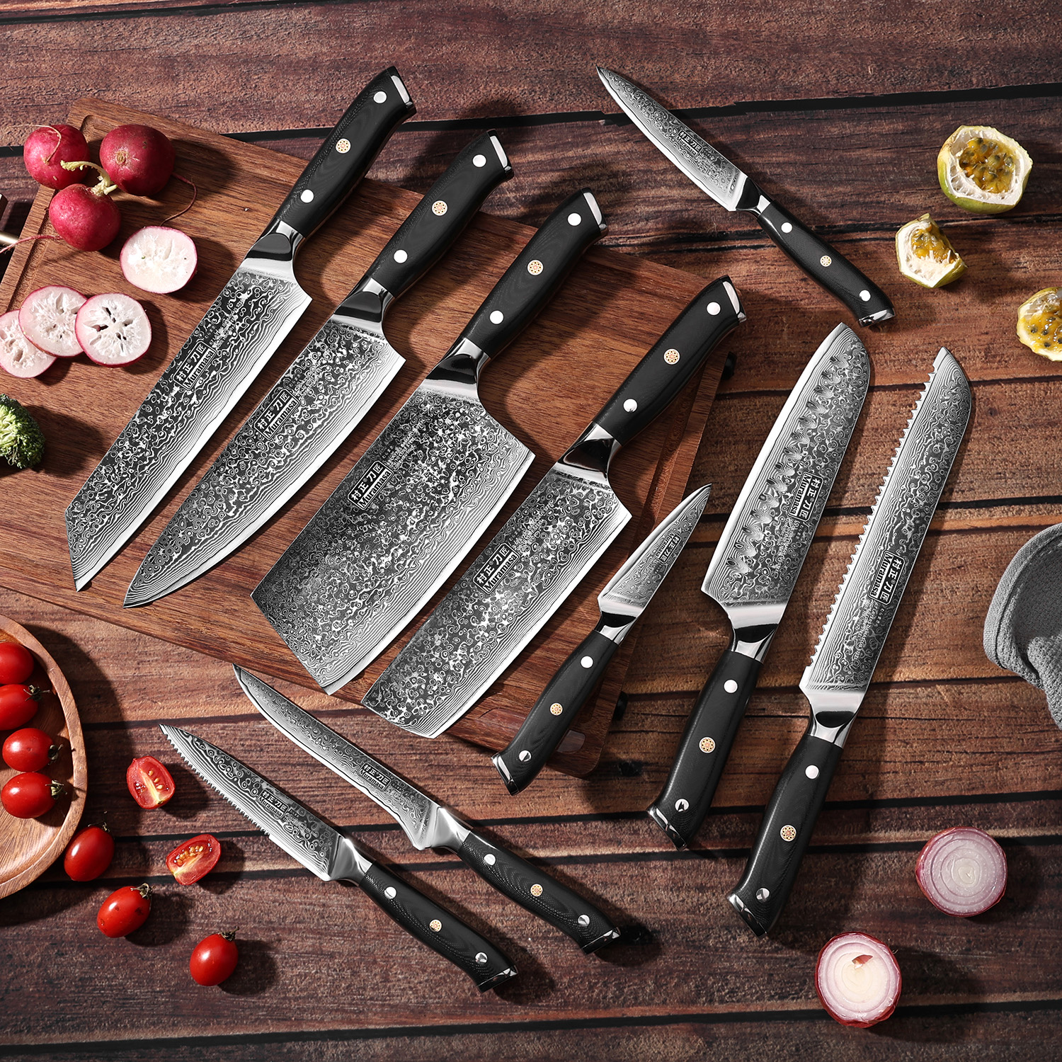 Knives 316L Damascus steel +VG-10 steel core kitchen knife set of 10 pieces, sharp kitchen knife, slicing knife, Japanese chef knife-image-1070113953