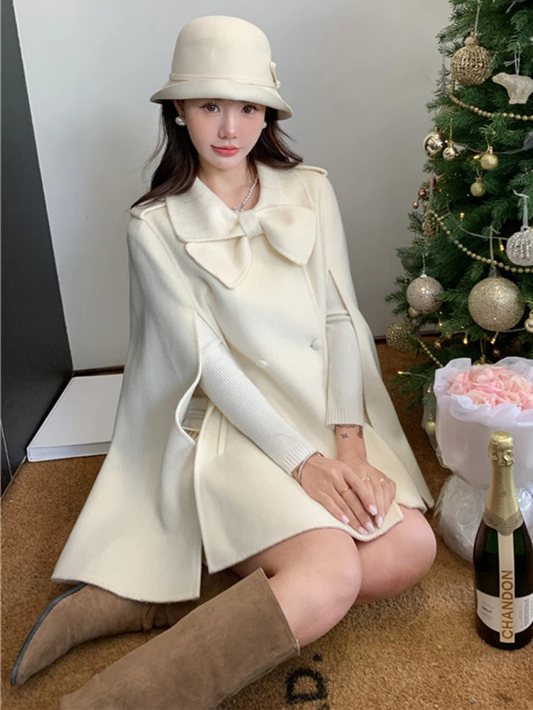 Winter Womens Natural Fox Fur Pocket Coat Wool Cloak Cashmere Warm Bat Shirt Jacket Thick Coat 250801