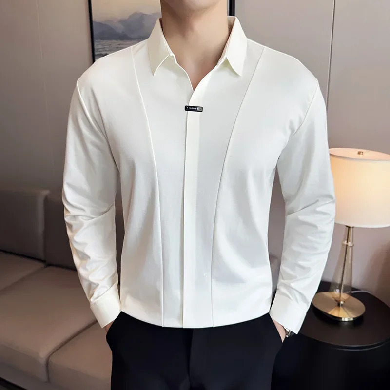 Men Long Sleeved Polo Shirt Autumn British Style Solid Casual Elastic Slim Fit T-shirt Formal Dress Polo Shirt Men Clothing 250804