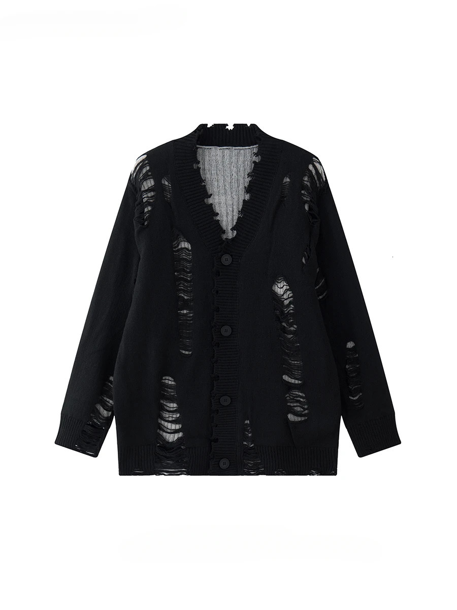 Mens American Niche Ripped Hollow Sweaters Cardigan Autumn Winter V-neck Long-sleeved Loose Casual Single Breasted Knitted Coat 250804