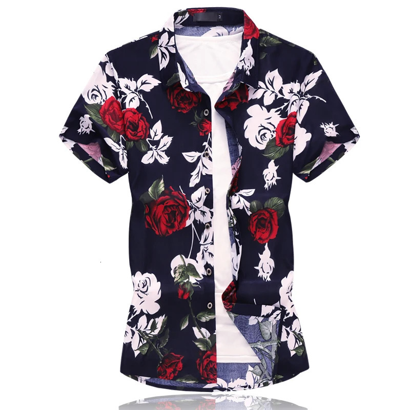 Summer Men Printed Short Sleeved Shirt Fashion Casual Shirts Asian Size M7xl Yellow Red rose Camisa Masculina 250731